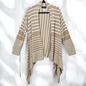 Jones New York‎ Cardigan Woman 1X Beige White Striped Asymmetric Buttonless Cozy